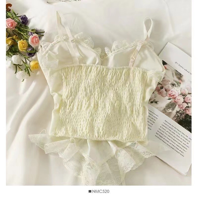 Ženski mrežasti cami top s patchwork volanima, bez ramena, otvorena leđa, uska silueta
