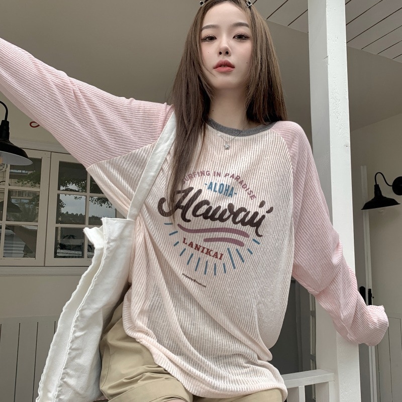 Majica s dugim rukavima s printom američkih slova, Harajuku stil, 70-80% poliester, srednja duljina 65-80 cm