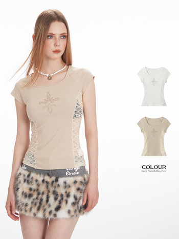 Heyhenry Dámske Slim-Fit tričko s krátkymi rukávmi — Štvorcový golier, Geometrický vzor, Zmes bavlny-a-spandexu (93,8% bavlna / 6,2% spandex)