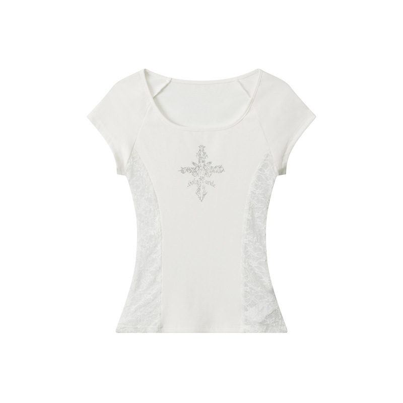 Heyhenry Dámske Slim-Fit tričko s krátkymi rukávmi — Štvorcový golier, Geometrický vzor, Zmes bavlny-a-spandexu (93,8% bavlna / 6,2% spandex)