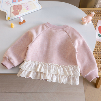 Детски плетен кардиган жакет, кръгло деколте, дълги ръкави, дантелен кант по подгъва, есен 2025