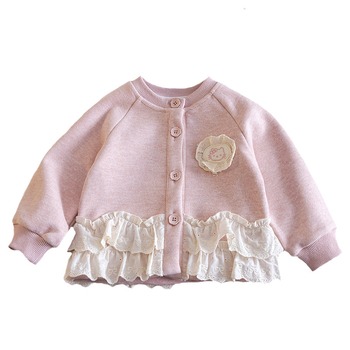 Детски плетен кардиган жакет, кръгло деколте, дълги ръкави, дантелен кант по подгъва, есен 2025