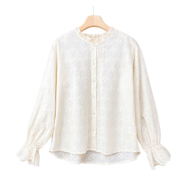 Dámska košeľa s vyšívaním a čipkou na golieri, dlhé rukávy, bavlna, voľný strih