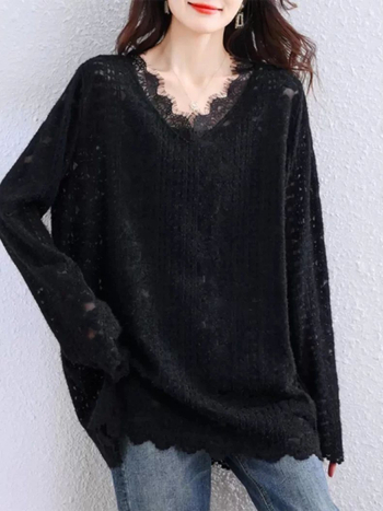 Bluza za plus veličinu s V-izrezom, dugi rukavi, čipkasti top za jesen, prekrivanje trbuha