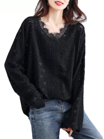 Bluza za plus veličinu s V-izrezom, dugi rukavi, čipkasti top za jesen, prekrivanje trbuha