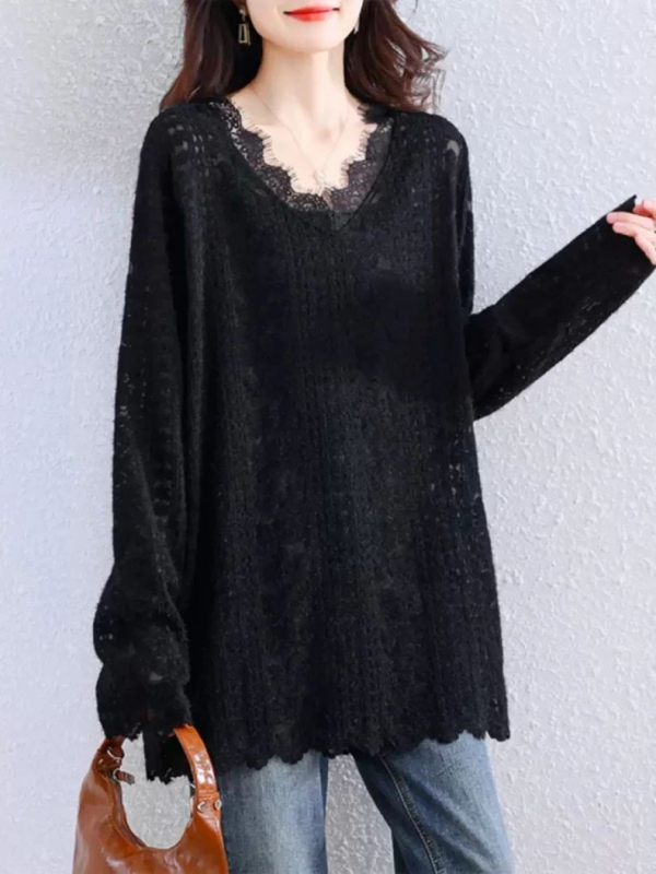 Bluza za plus veličinu s V-izrezom, dugi rukavi, čipkasti top za jesen, prekrivanje trbuha