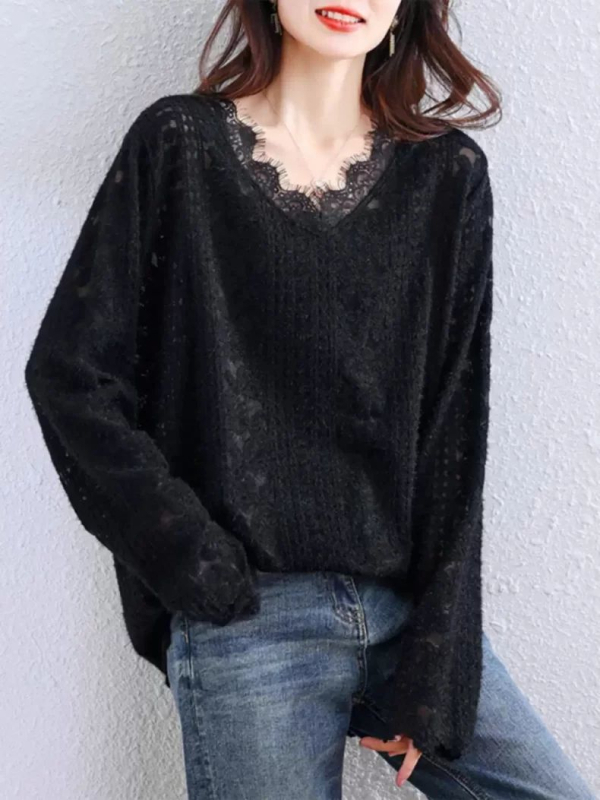 Bluza za plus veličinu s V-izrezom, dugi rukavi, čipkasti top za jesen, prekrivanje trbuha