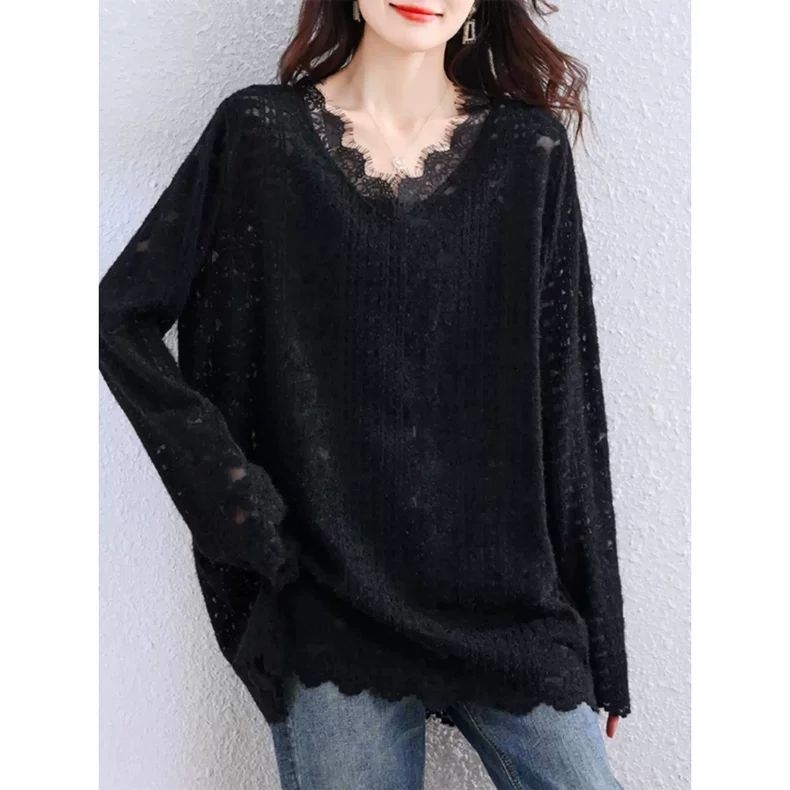 Bluza za plus veličinu s V-izrezom, dugi rukavi, čipkasti top za jesen, prekrivanje trbuha