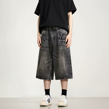 Traper šorc s uzorkom munje, pamuk denim, široka silueta, streetwear