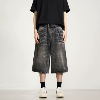 Traper šorc s uzorkom munje, pamuk denim, široka silueta, streetwear