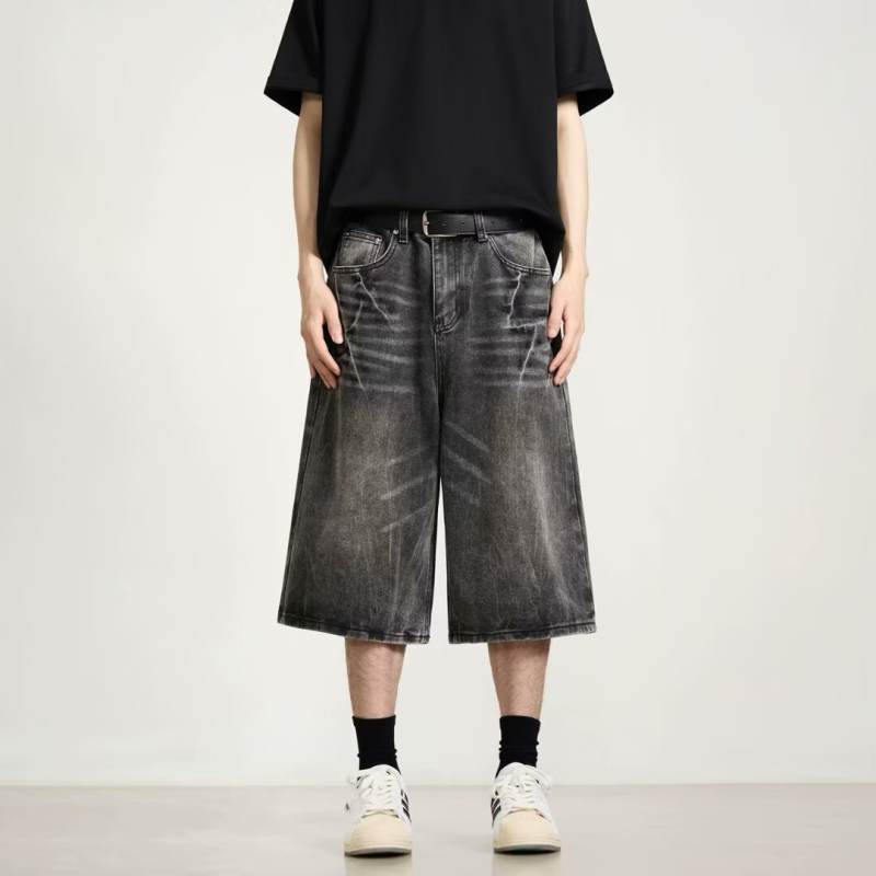 Traper šorc s uzorkom munje, pamuk denim, široka silueta, streetwear