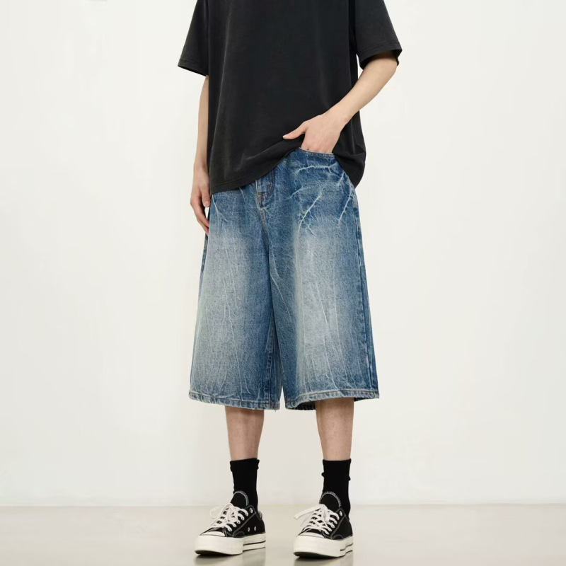 Traper šorc s uzorkom munje, pamuk denim, široka silueta, streetwear