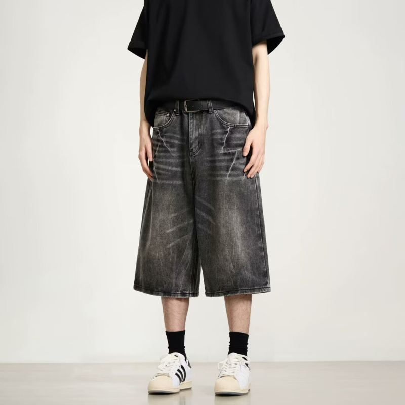 Traper šorc s uzorkom munje, pamuk denim, široka silueta, streetwear