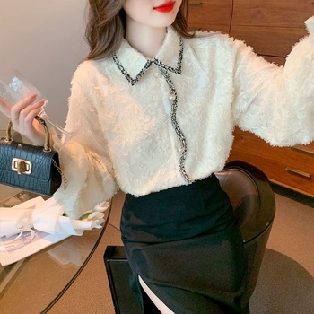 Dámska blúza s čipkou a fleecovou podšívkou na zimné nosenie, polo golier, pulover štýl, zmes polyestru/vinylonu