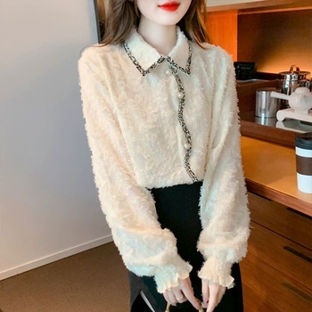 Dámska blúza s čipkou a fleecovou podšívkou na zimné nosenie, polo golier, pulover štýl, zmes polyestru/vinylonu