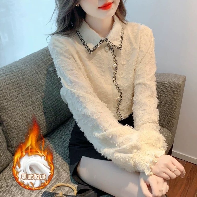 Dámska blúza s čipkou a fleecovou podšívkou na zimné nosenie, polo golier, pulover štýl, zmes polyestru/vinylonu