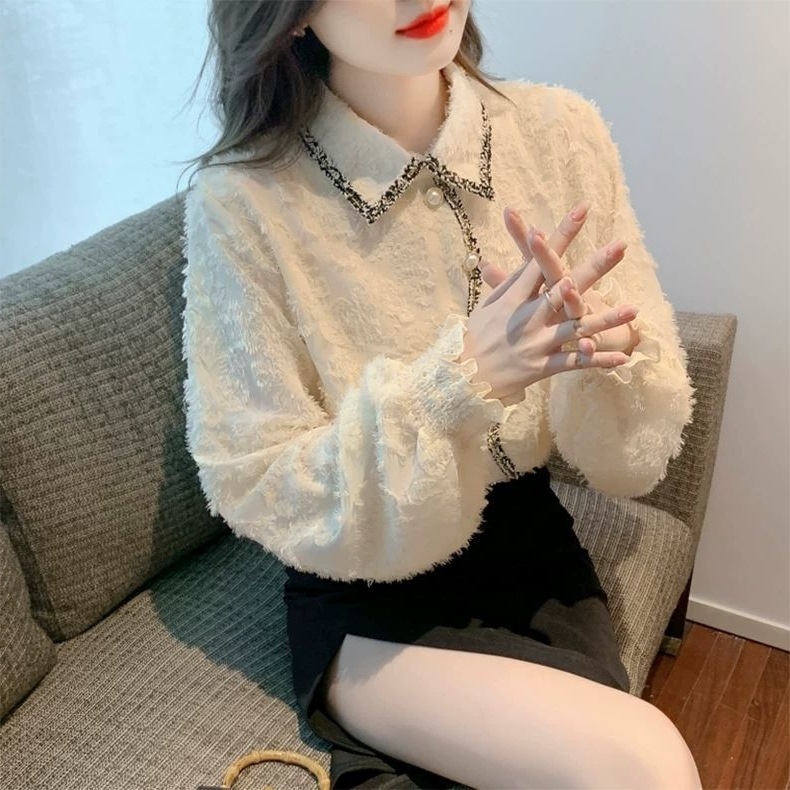 Dámska blúza s čipkou a fleecovou podšívkou na zimné nosenie, polo golier, pulover štýl, zmes polyestru/vinylonu