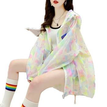 Ženska jakna s UV zaštitom, kapuljača, prugasti uzorak, dugački kroj, sintetička vlakna