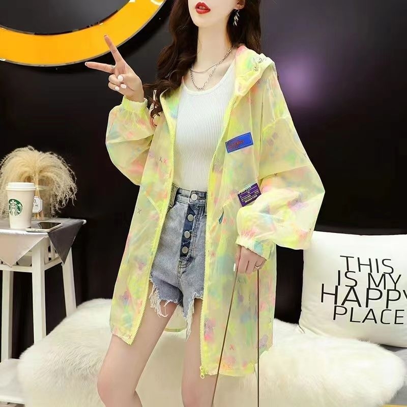 Ženska jakna s UV zaštitom, kapuljača, prugasti uzorak, dugački kroj, sintetička vlakna