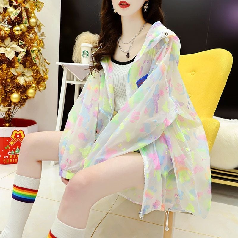 Ženska jakna s UV zaštitom, kapuljača, prugasti uzorak, dugački kroj, sintetička vlakna