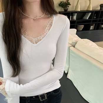 Dámske tielko s čipkou, V-krk, dlhé rukávy, štíhly strih, viskóza 30–50%