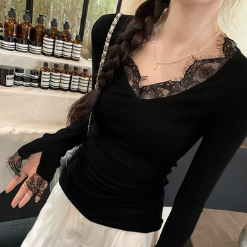 Dámske tielko s čipkou, V-krk, dlhé rukávy, štíhly strih, viskóza 30–50%