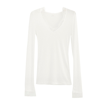 Dámske tielko s čipkou, V-krk, dlhé rukávy, štíhly strih, viskóza 30–50%