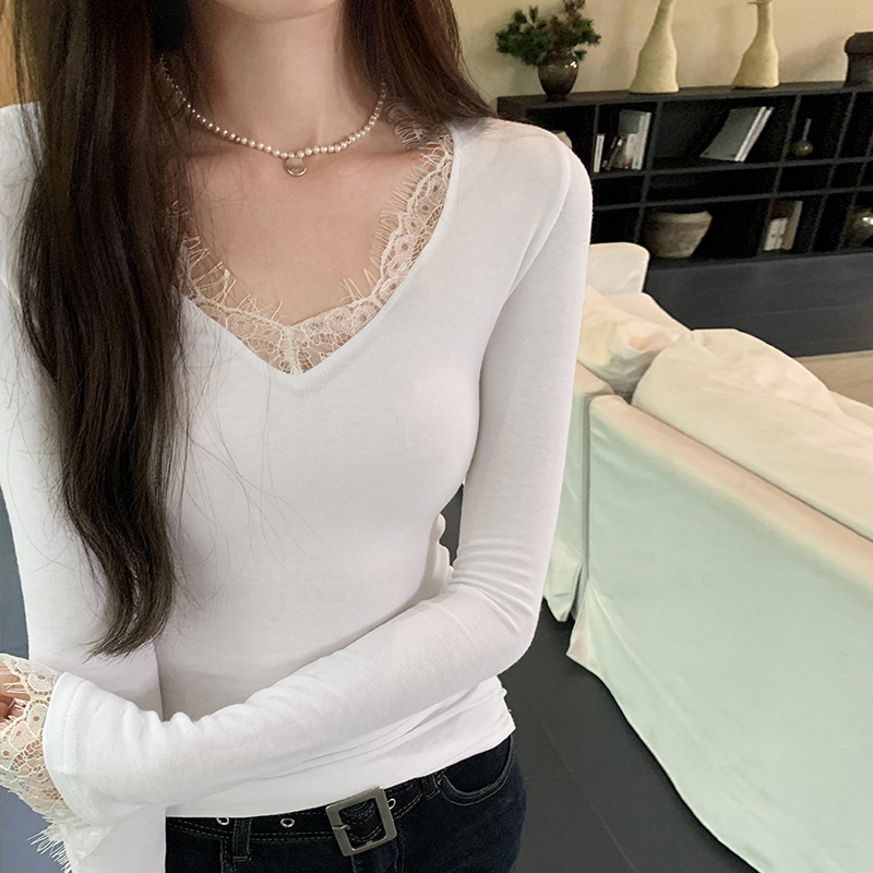 Dámske tielko s čipkou, V-krk, dlhé rukávy, štíhly strih, viskóza 30–50%