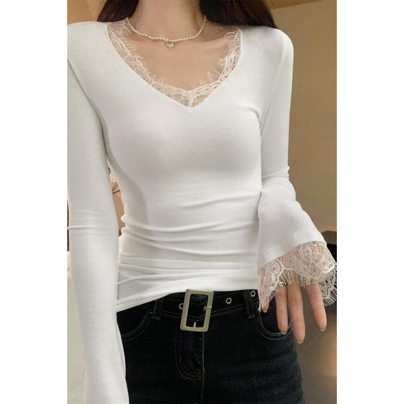 Dámske tielko s čipkou, V-krk, dlhé rukávy, štíhly strih, viskóza 30–50%