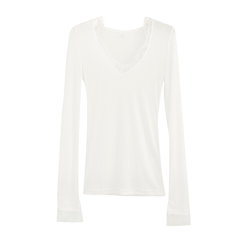 Dámske tielko s čipkou, V-krk, dlhé rukávy, štíhly strih, viskóza 30–50%