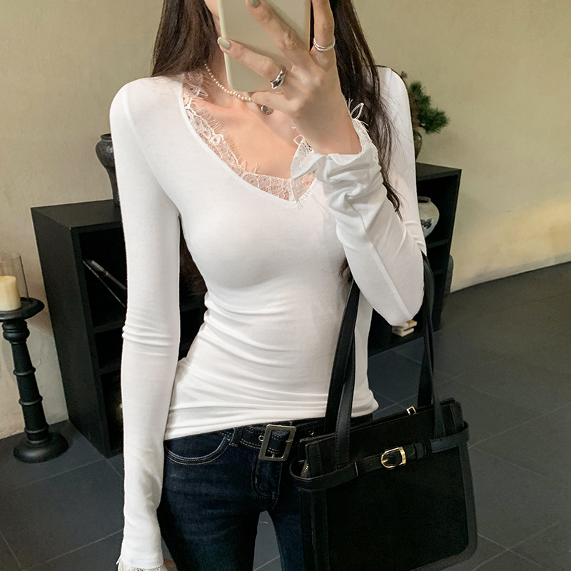 Dámske tielko s čipkou, V-krk, dlhé rukávy, štíhly strih, viskóza 30–50%