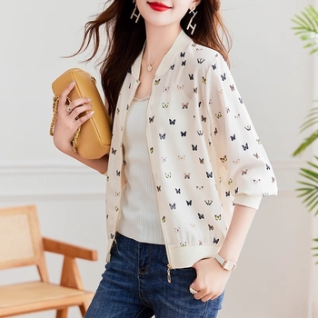 Šifon cardigan s dugim rukavima za sunčevu zaštitu, uski kroj, srednja duljina, poliester (95%+), UPF40+, uzorak leptira, lagana pletena jakna