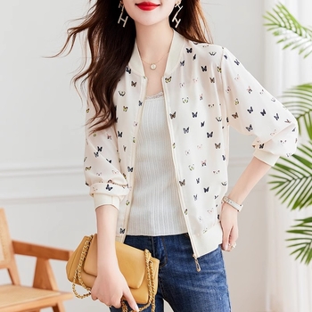 Šifon cardigan s dugim rukavima za sunčevu zaštitu, uski kroj, srednja duljina, poliester (95%+), UPF40+, uzorak leptira, lagana pletena jakna