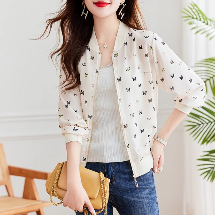 Šifon cardigan s dugim rukavima za sunčevu zaštitu, uski kroj, srednja duljina, poliester (95%+), UPF40+, uzorak leptira, lagana pletena jakna