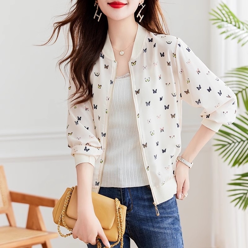 Šifon cardigan s dugim rukavima za sunčevu zaštitu, uski kroj, srednja duljina, poliester (95%+), UPF40+, uzorak leptira, lagana pletena jakna