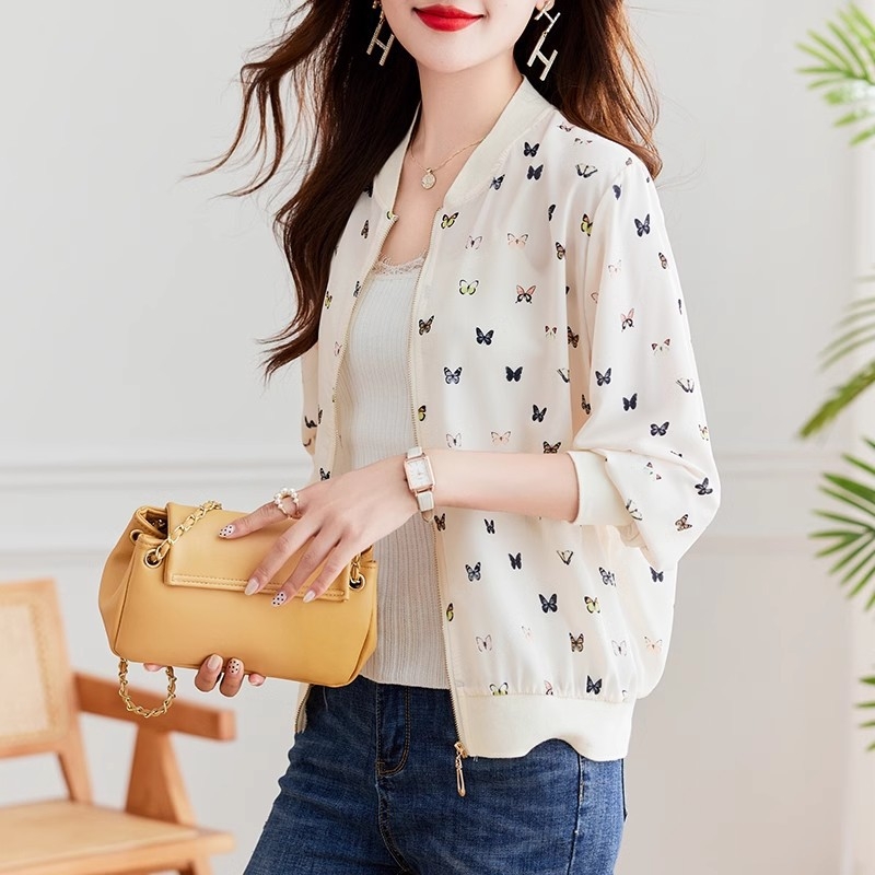 Šifon cardigan s dugim rukavima za sunčevu zaštitu, uski kroj, srednja duljina, poliester (95%+), UPF40+, uzorak leptira, lagana pletena jakna