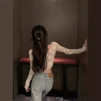 Poliester čipkasti proziran kardigan, kratka duljina, dugi rukavi, okrugli izrez, Mori wind stil