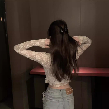 Poliester čipkasti proziran kardigan, kratka duljina, dugi rukavi, okrugli izrez, Mori wind stil