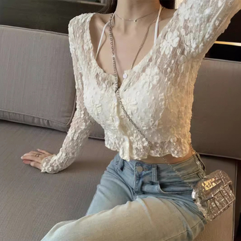 Poliester čipkasti proziran kardigan, kratka duljina, dugi rukavi, okrugli izrez, Mori wind stil