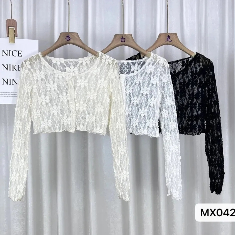 Polyesterový čipkovaný priesvitný kardigán, krátka dĺžka, dlhé rukávy, okrúhly výstrih, Mori wind štýl