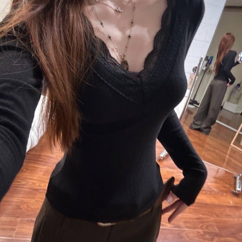 Štíhle priliehavé dámske pletené tričko s výstrihom do V, umelý kašmír, dlhé rukávy, detail čipky