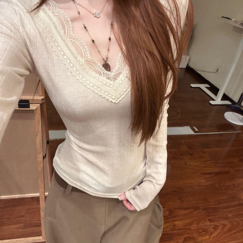 Štíhle priliehavé dámske pletené tričko s výstrihom do V, umelý kašmír, dlhé rukávy, detail čipky