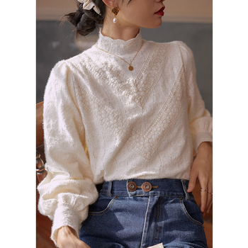 Čipkový top s stojacím golierom, lampášové rukávy, pulóvrový štýl, jednofarebný, polyester-spandex zmes