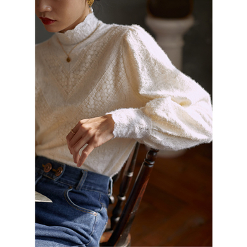 Čipkový top s stojacím golierom, lampášové rukávy, pulóvrový štýl, jednofarebný, polyester-spandex zmes