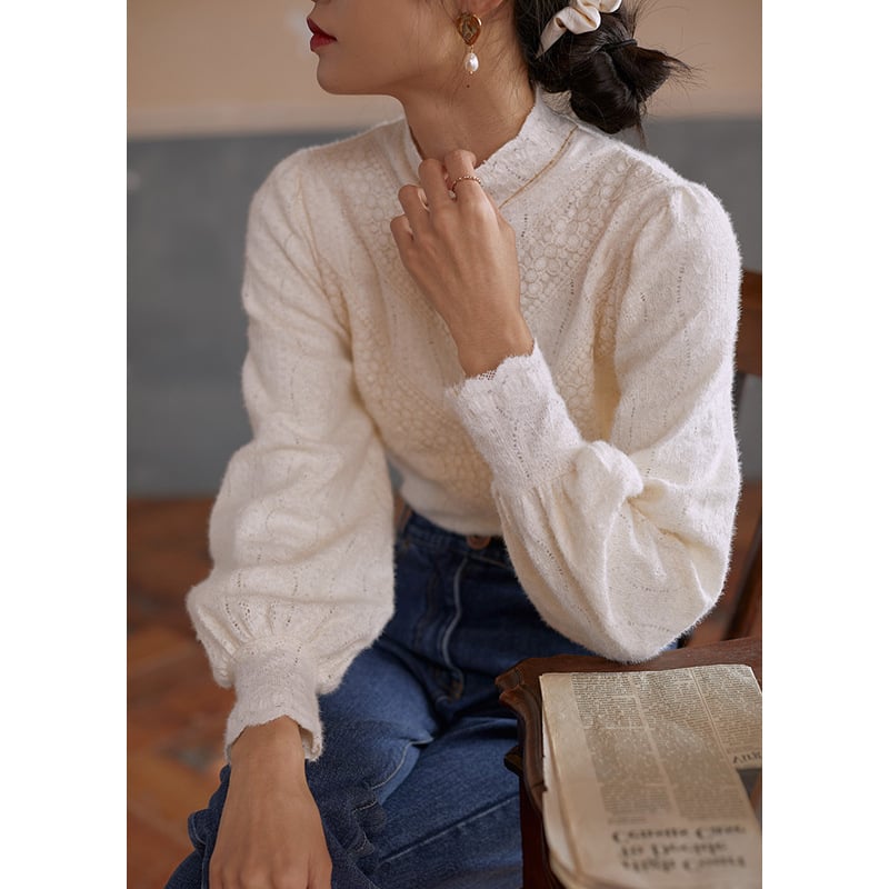 Čipkový top s stojacím golierom, lampášové rukávy, pulóvrový štýl, jednofarebný, polyester-spandex zmes