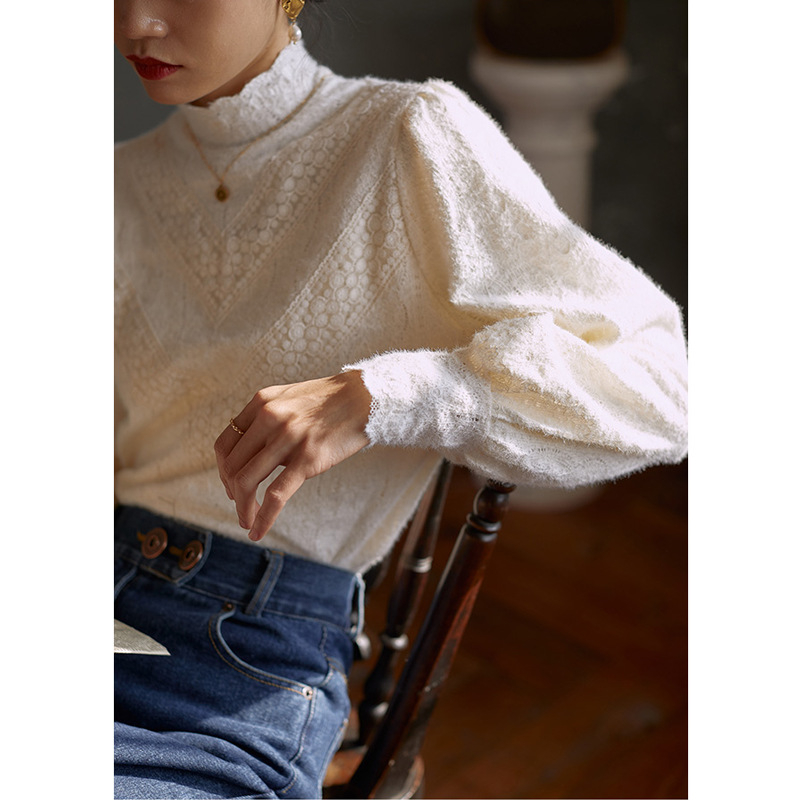 Čipkový top s stojacím golierom, lampášové rukávy, pulóvrový štýl, jednofarebný, polyester-spandex zmes