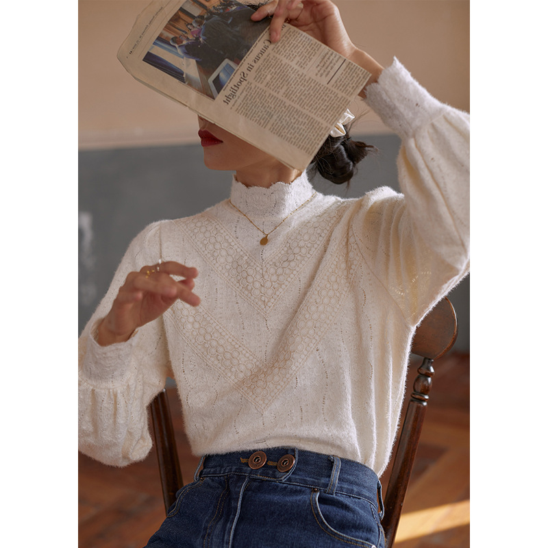 Čipkový top s stojacím golierom, lampášové rukávy, pulóvrový štýl, jednofarebný, polyester-spandex zmes