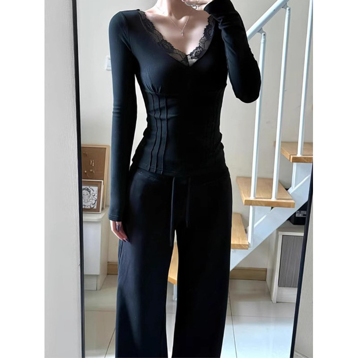 Tričko s V- golierom, dlhé rukávy, úzky strih, geometrický vzor, bavlnená látka 90–95% bavlny