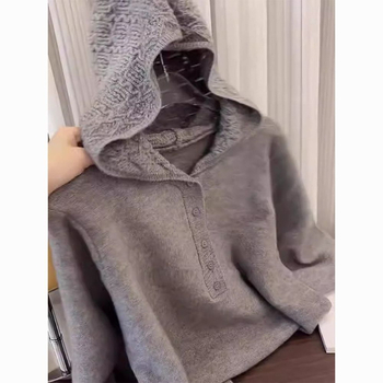 Dámsky pletený top s kapucňou a čipkovanými vsadkami, jesenné-zimné, vlna zo oviec, ľadová hodváb a spandex zmes