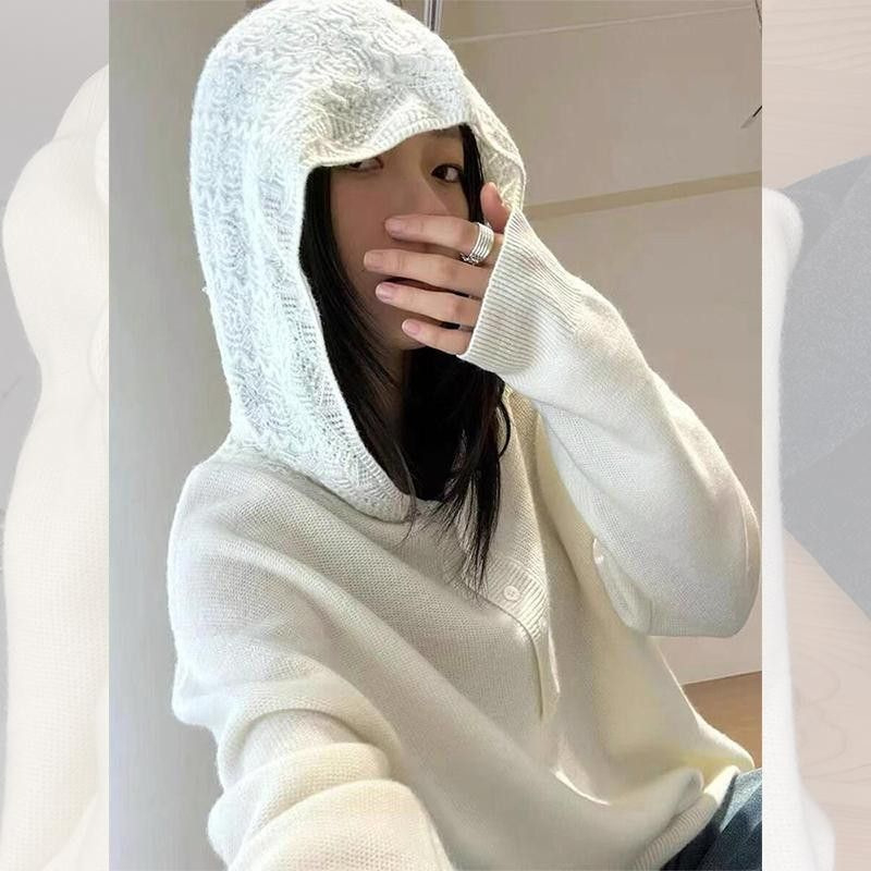 Dámsky pletený top s kapucňou a čipkovanými vsadkami, jesenné-zimné, vlna zo oviec, ľadová hodváb a spandex zmes